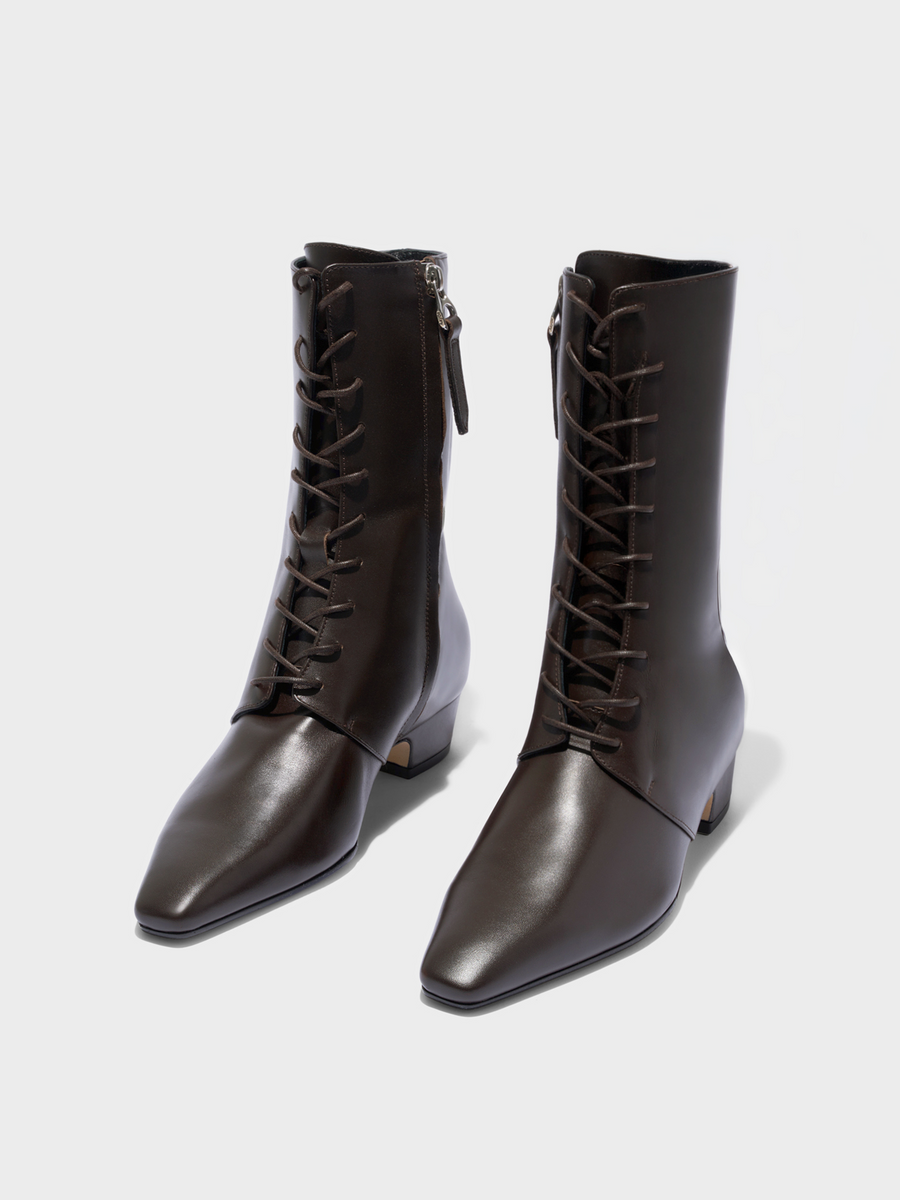 Aeyde | Elva Leather Ankle Boots Leather Ankle Boots for Women | Moka Calf | Square Toe | Low Heel | Luxury Materials | Handmade in Italy