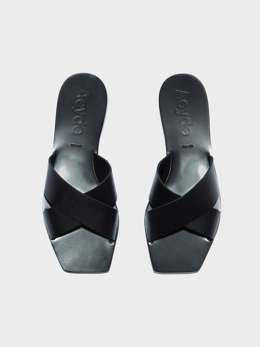 Aeyde | Faye Leather Flat Sandals for Women | Black Calf | Square Toe | Flat Heel | Front View