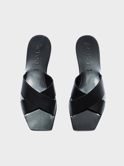 Aeyde | Faye Leather Flat Sandals for Women | Black Calf | Square Toe | Flat Heel | Front View