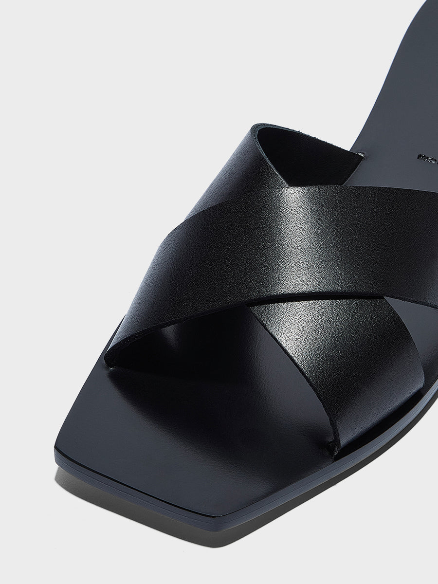 Aeyde | Faye Leather Flat Sandals for Women | Black Calf | Square Toe | Flat Heel | Heel Details