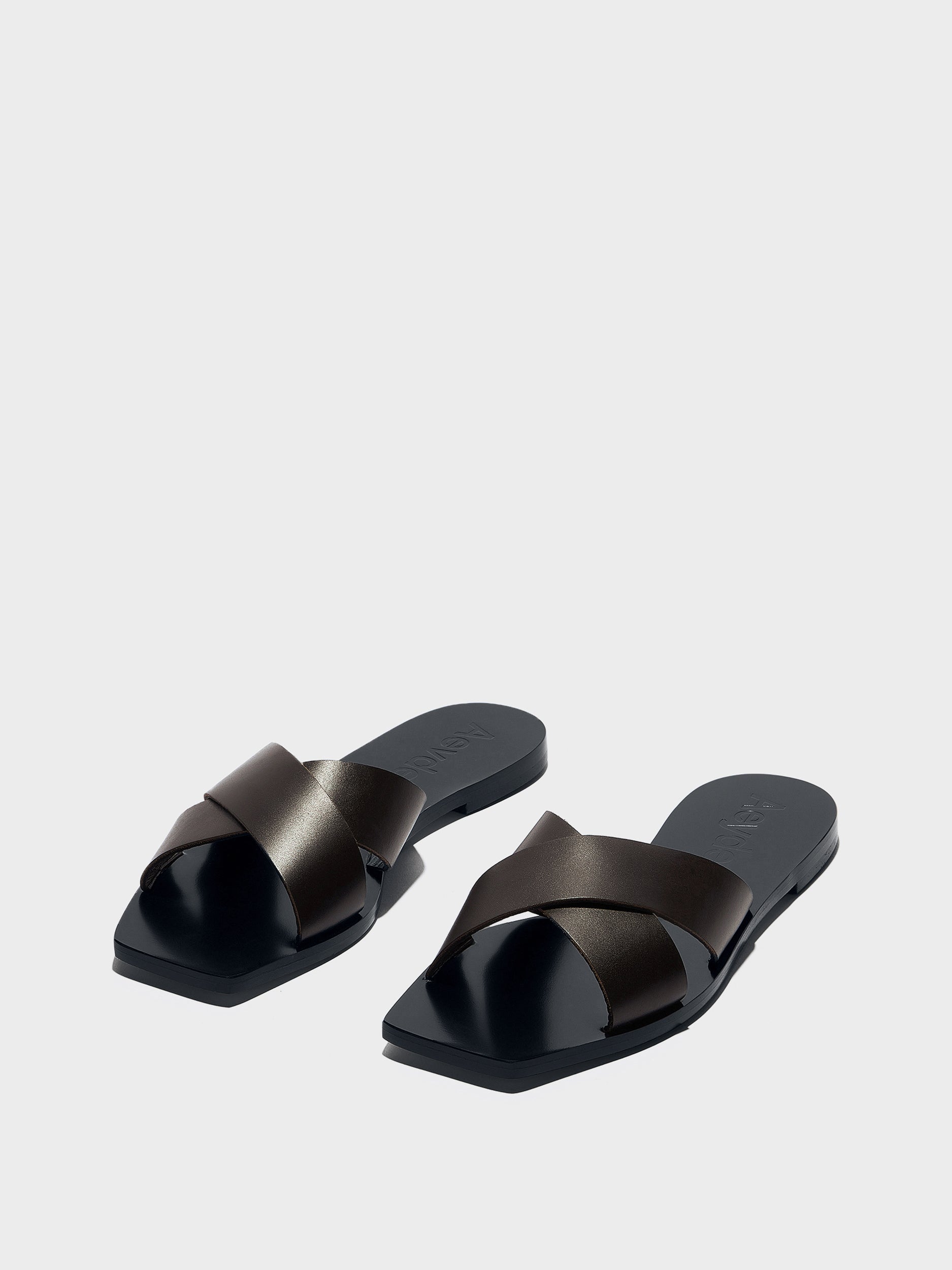 Aeyde | Faye Leather Flat Sandals for Women | Moka Calf | Square Toe | Flat Heel | Luxury Materials | Handmade in Italy