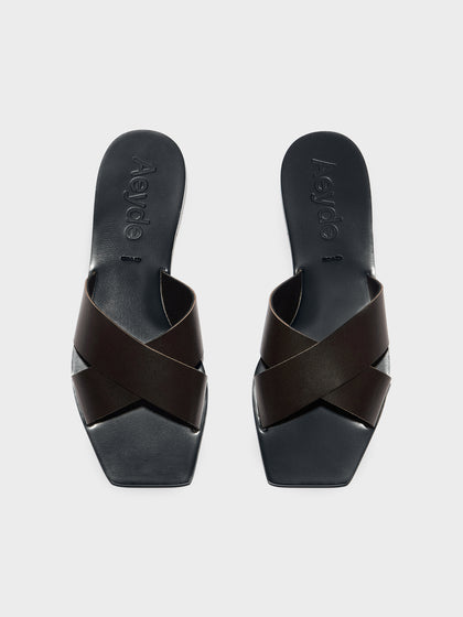 Aeyde | Faye Leather Flat Sandals for Women | Moka Calf | Square Toe | Flat Heel | Front View