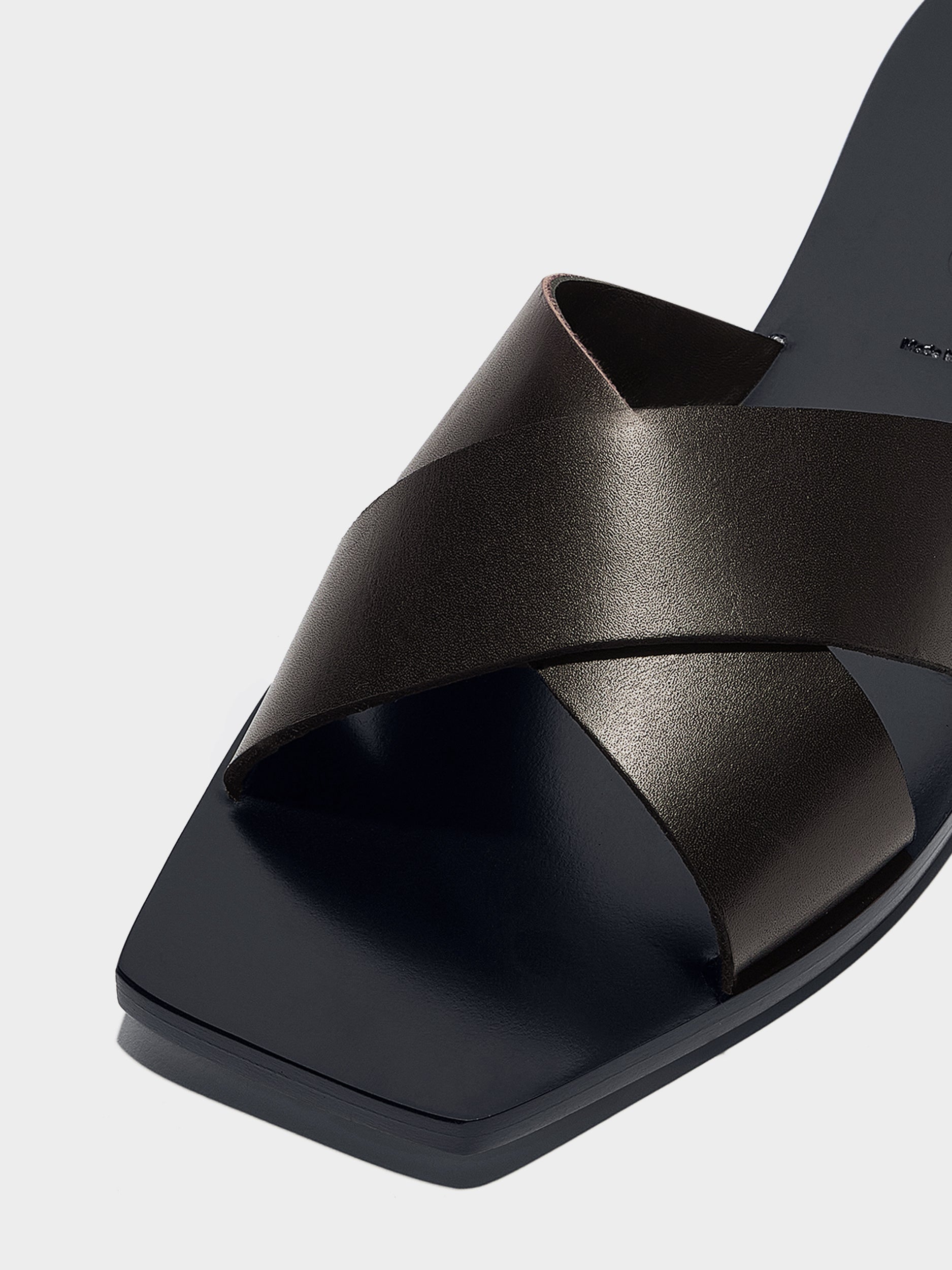 Aeyde | Faye Leather Flat Sandals for Women | Moka Calf | Square Toe | Flat Heel | Heel Details