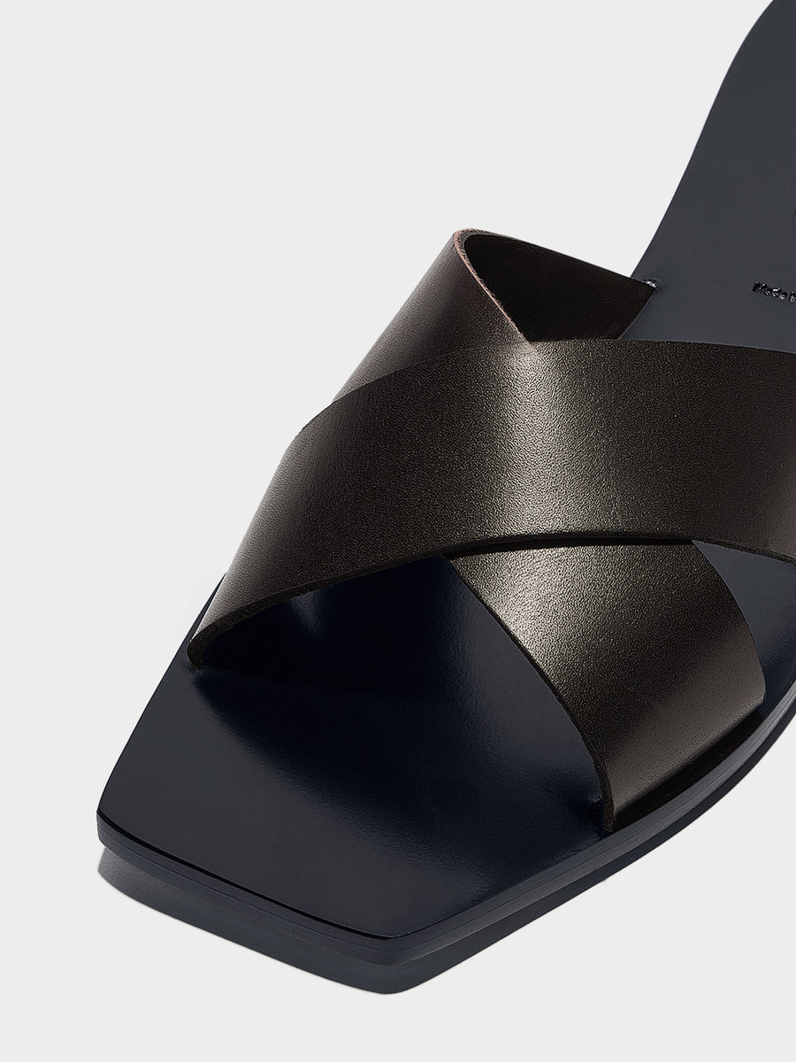 Aeyde | Faye Leather Flat Sandals for Women | Moka Calf | Square Toe | Flat Heel | Heel Details