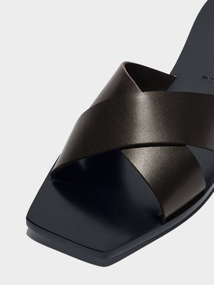 Aeyde | Faye Leather Flat Sandals for Women | Moka Calf | Square Toe | Flat Heel | Heel Details