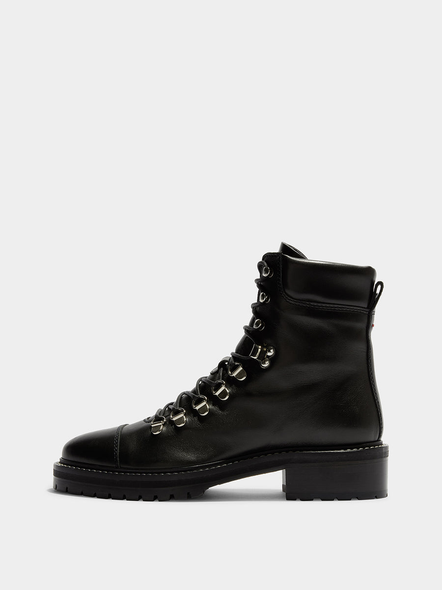 Aeyde | Fiona Leather Hiking Boots Leather Ankle Boots for Women | Black Calf | Round Toe | Mid Heel | Side View