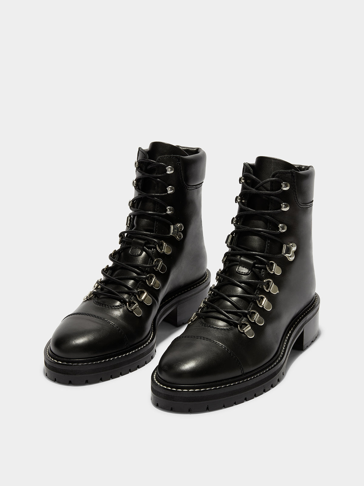 Aeyde | Fiona Leather Hiking Boots Leather Ankle Boots for Women | Black Calf | Round Toe | Mid Heel | On Feet