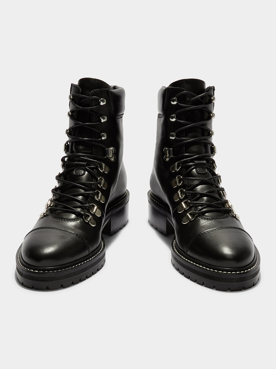 Aeyde | Fiona Leather Hiking Boots Leather Ankle Boots for Women | Black Calf | Round Toe | Mid Heel | Front View