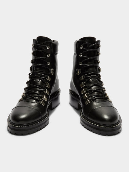 Aeyde | Fiona Leather Hiking Boots Leather Ankle Boots for Women | Black Calf | Round Toe | Mid Heel | Front View