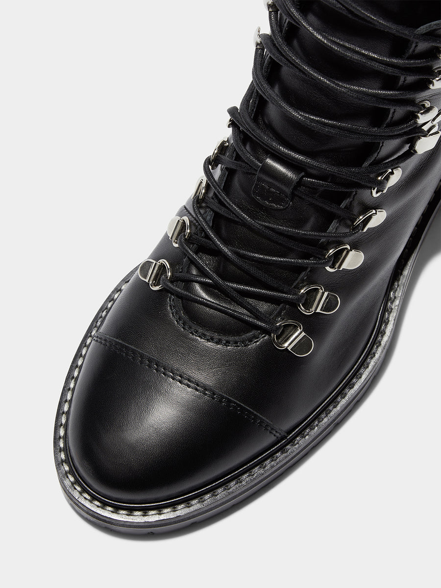 Aeyde | Fiona Leather Hiking Boots Leather Ankle Boots for Women | Black Calf | Round Toe | Mid Heel | Luxury Materials | Handmade in Italy