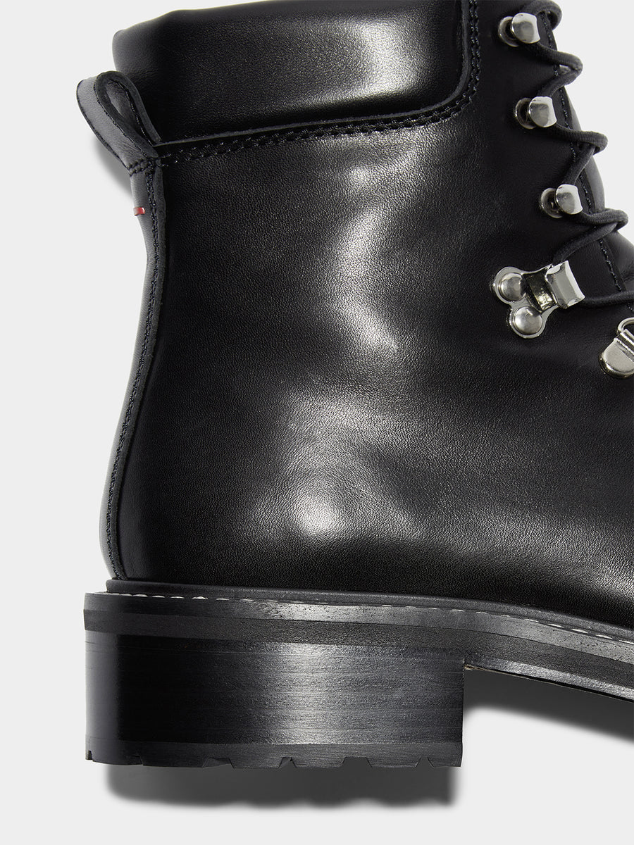 Aeyde | Fiona Leather Hiking Boots Leather Ankle Boots for Women | Black Calf | Round Toe | Mid Heel | Heel Details