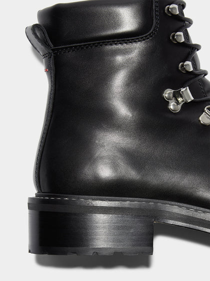 Aeyde | Fiona Leather Hiking Boots Leather Ankle Boots for Women | Black Calf | Round Toe | Mid Heel | Heel Details