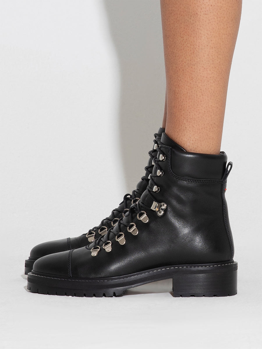 Aeyde | Fiona Leather Hiking Boots Leather Ankle Boots for Women | Black Calf | Round Toe | Mid Heel | How to Style
