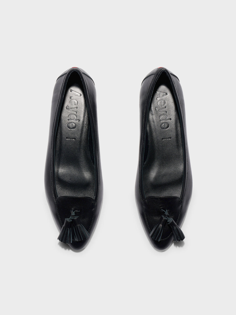 Aeyde | Floris Tassel Flats Leather Flats for Women | Black Nappa | Round Toe | Flat Heel | Front View