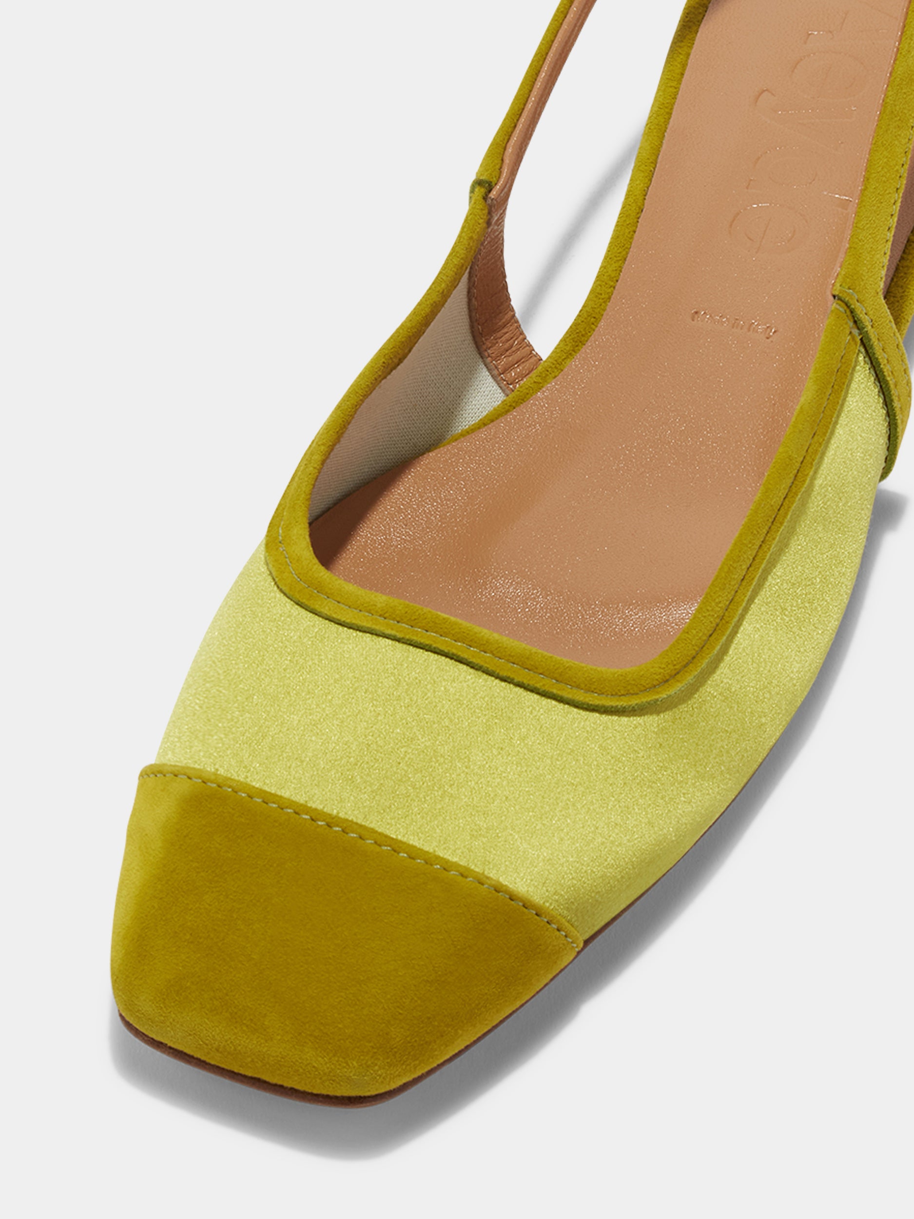 Aeyde | Geraldine Satin Toe-Cap Slingback Leather Flats for Women | Chartreuse Satin/Suede | Square Toe | Flat Heel | Luxury Materials | Handmade in Italy