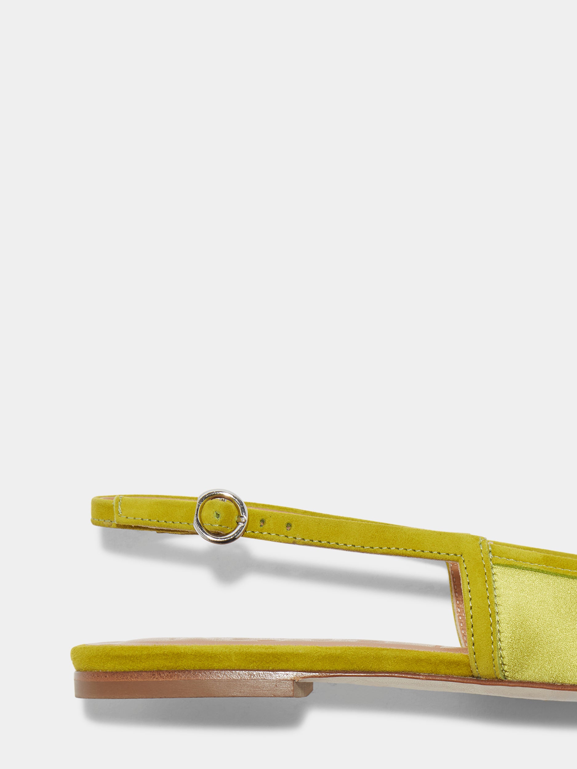 Aeyde | Geraldine Satin Toe-Cap Slingback Leather Flats for Women | Chartreuse Satin/Suede | Square Toe | Flat Heel | Heel Details
