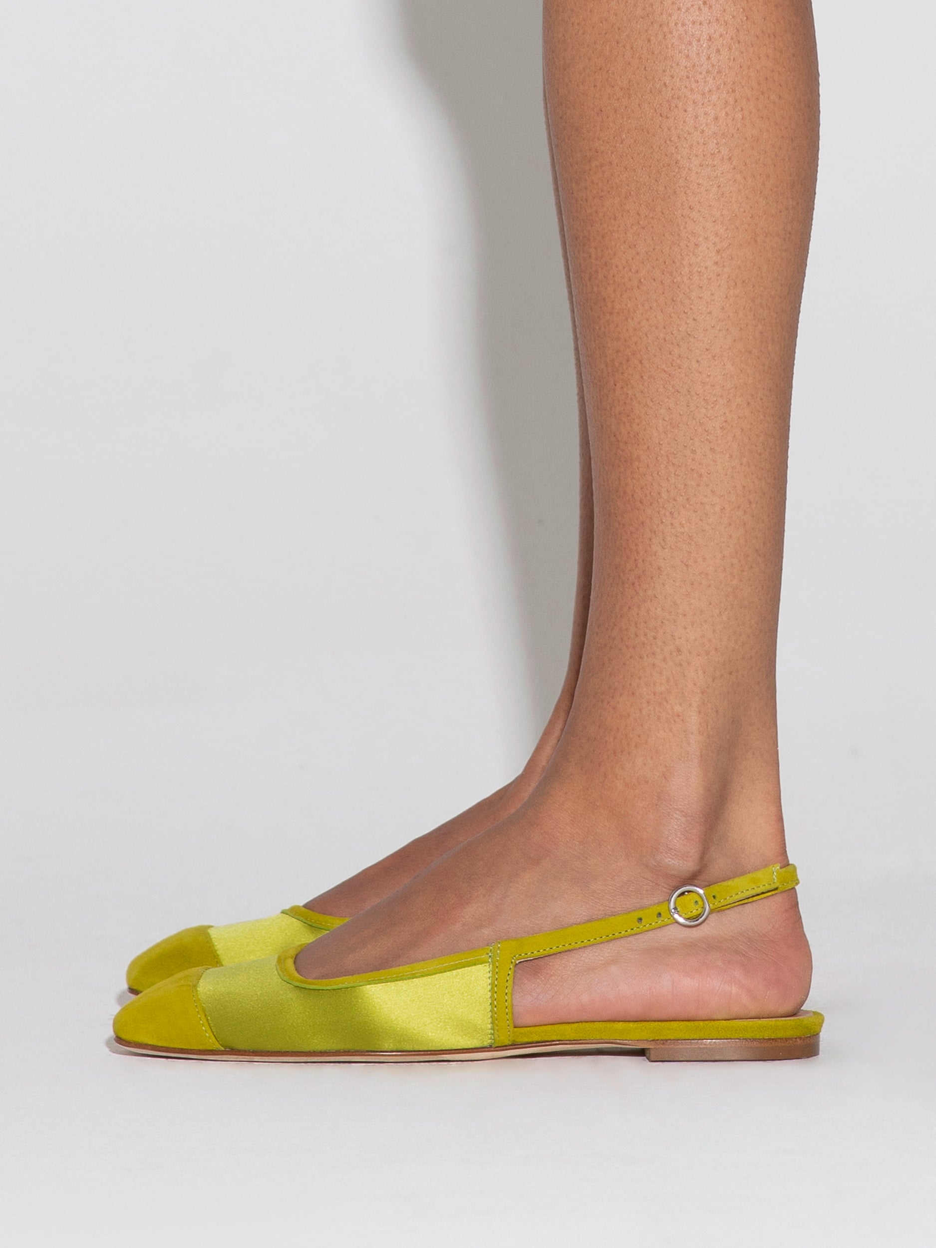 Aeyde | Geraldine Satin Toe-Cap Slingback Leather Flats for Women | Chartreuse Satin/Suede | Square Toe | Flat Heel | How to Style