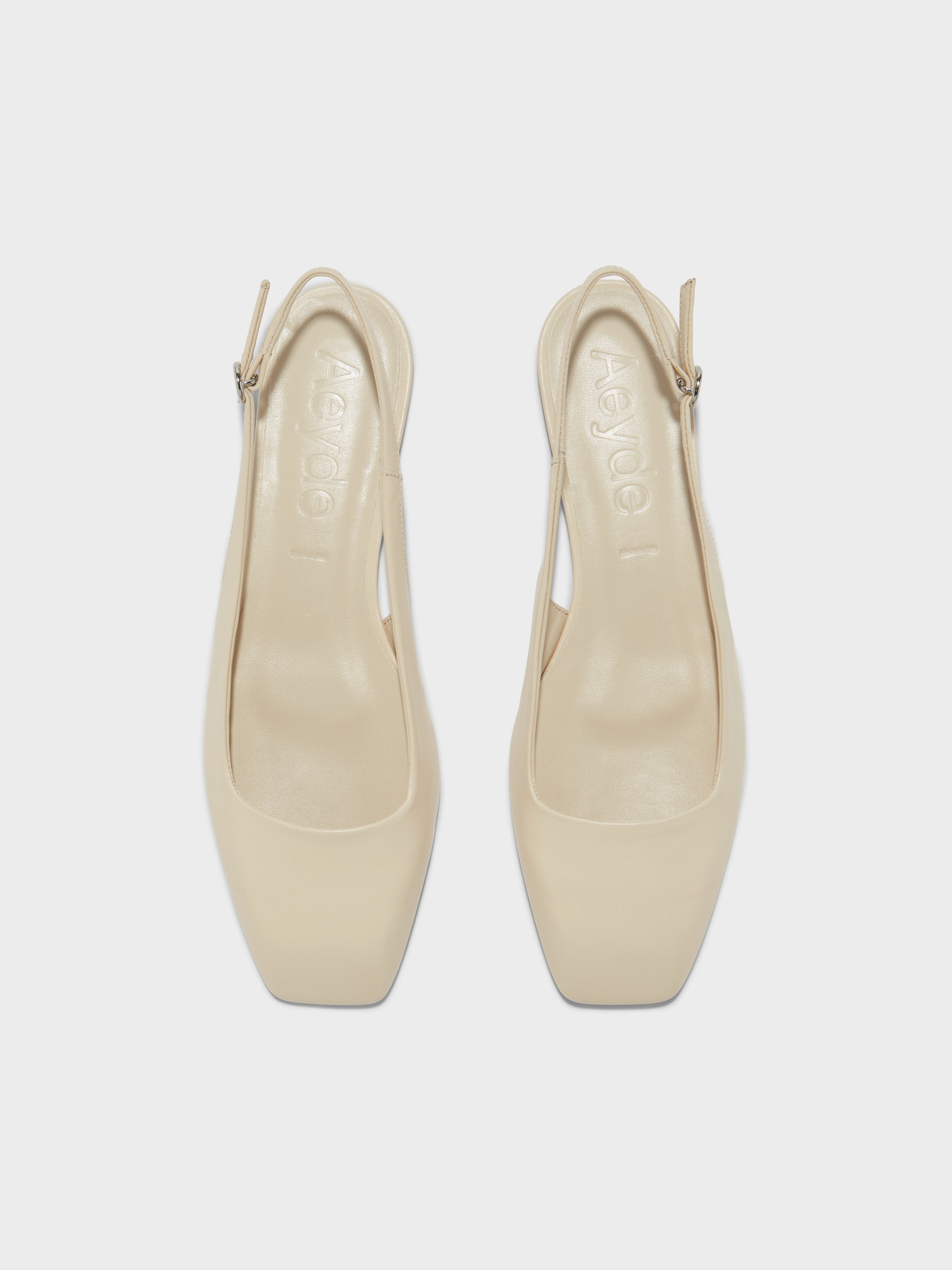 Aeyde | Geraldine Leather Slingback Flats Leather Flats for Women | Creamy Nappa | Square Toe | Flat Heel | Front View