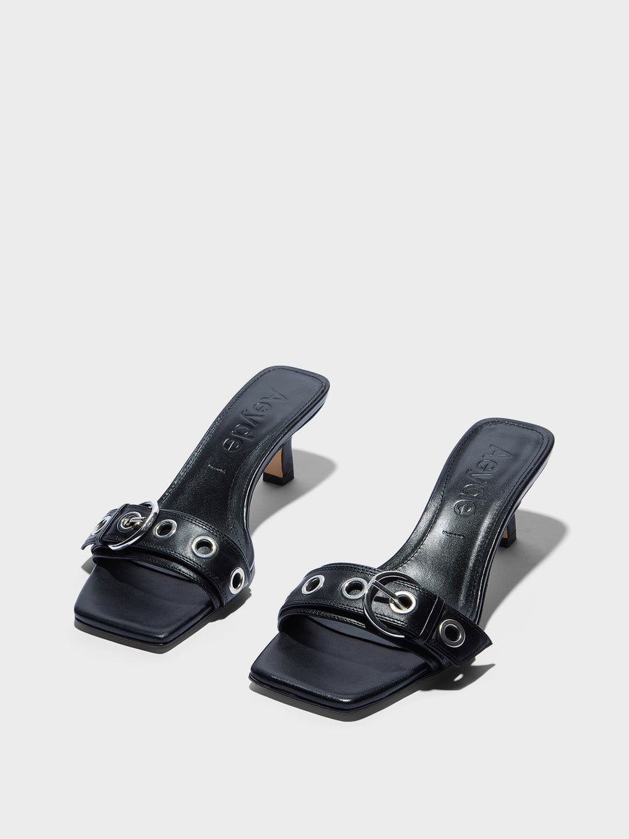 Aeyde | Gilly Leather Heeled Sandals for Women | Black Nappa | Square Toe | Mid Heel | Luxury Materials | Handmade in Italy