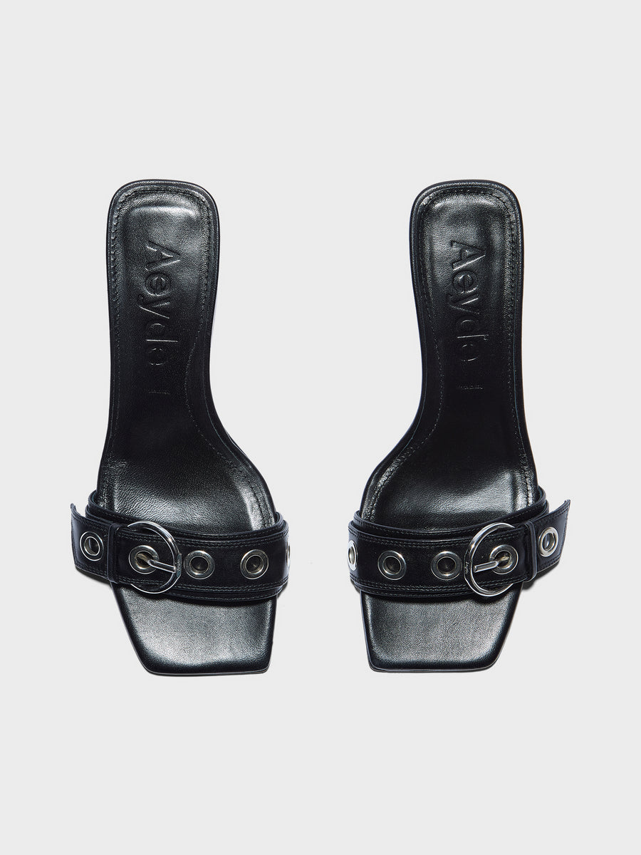 Aeyde | Gilly Leather Heeled Sandals for Women | Black Nappa | Square Toe | Mid Heel | Front View