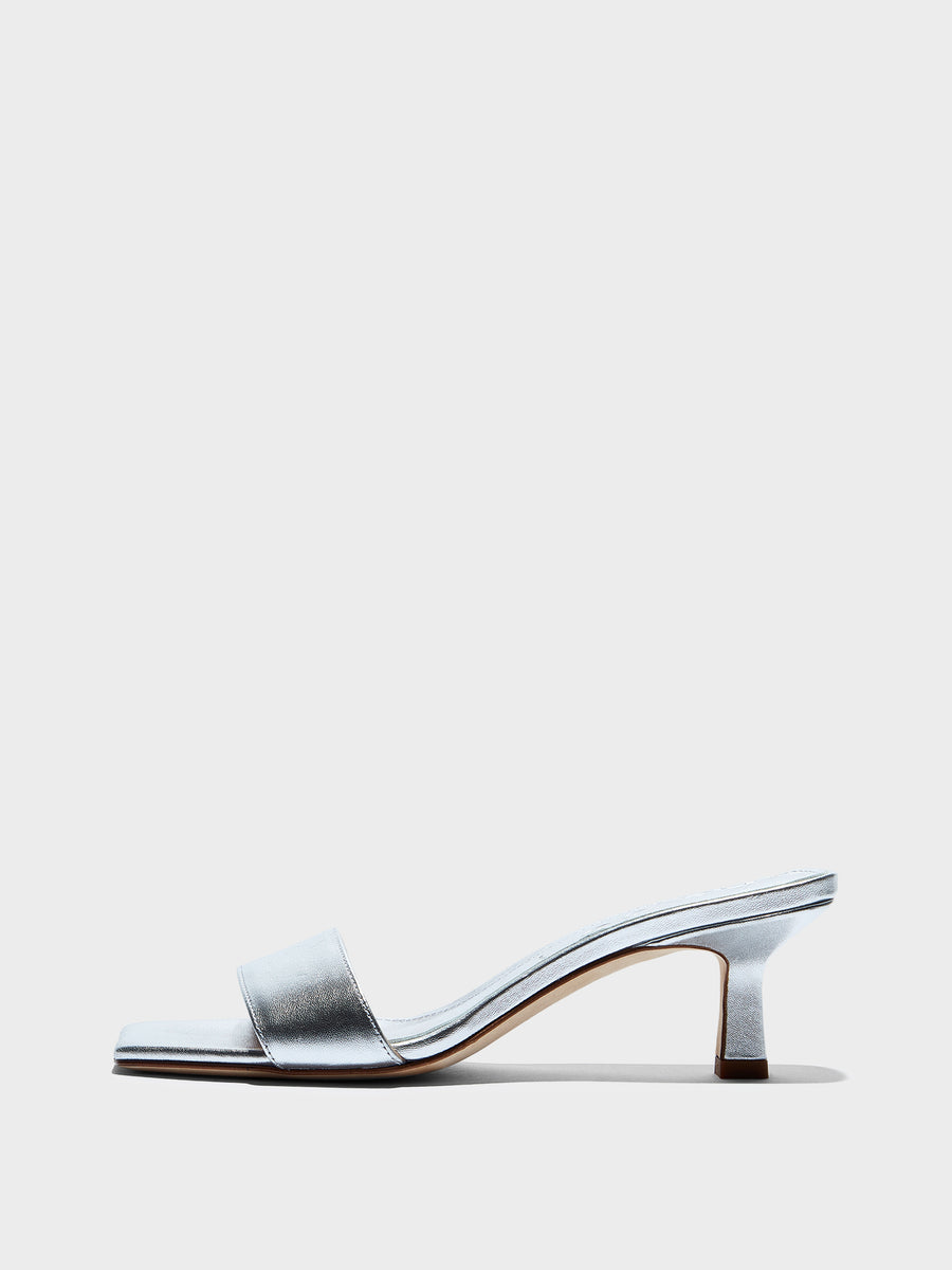 Aeyde | Gilly Leather Heeled Sandals for Women | Silver Nappa | Square Toe | Mid Heel | Side View