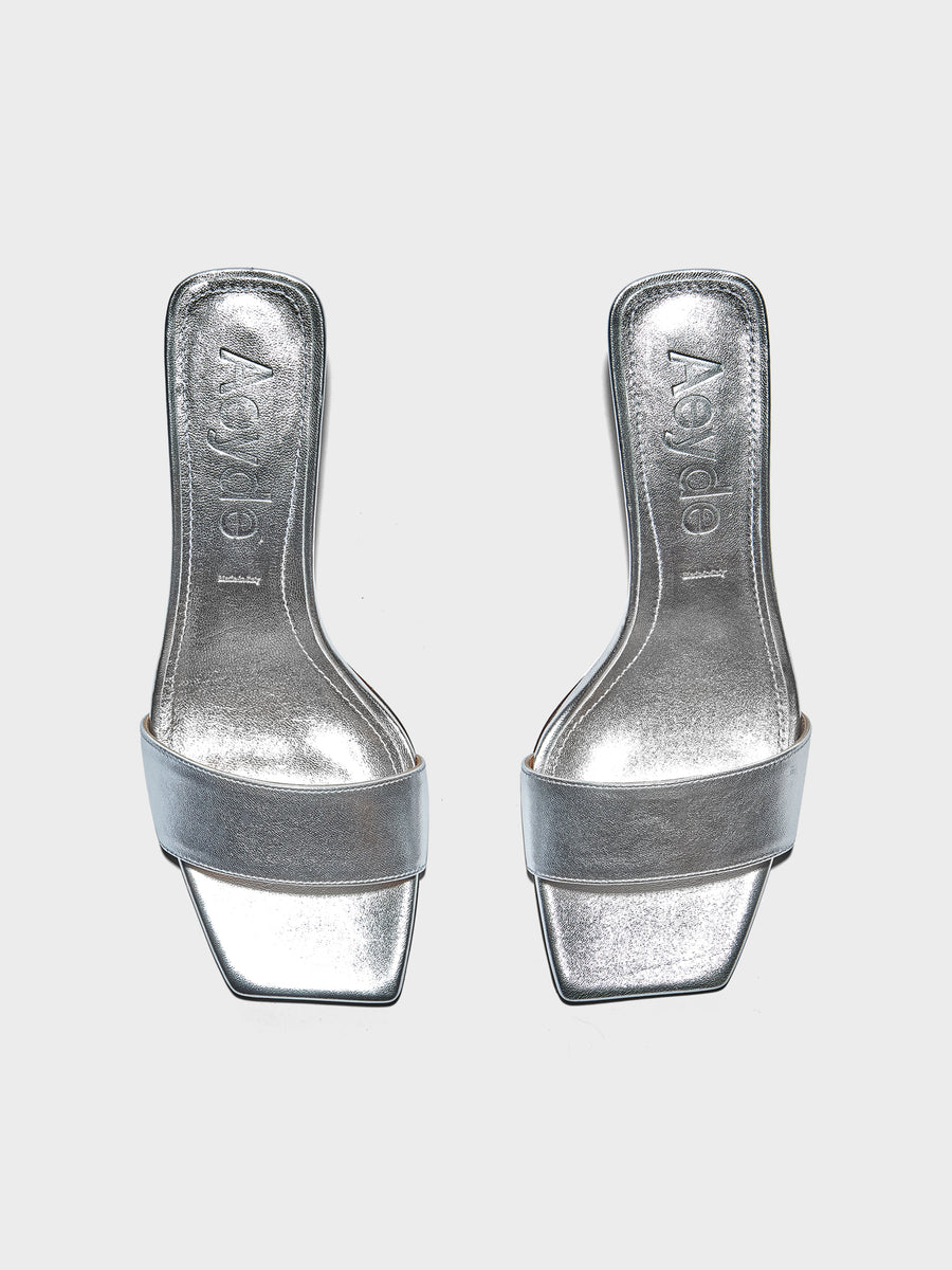 Aeyde | Gilly Leather Heeled Sandals for Women | Silver Nappa | Square Toe | Mid Heel | Front View
