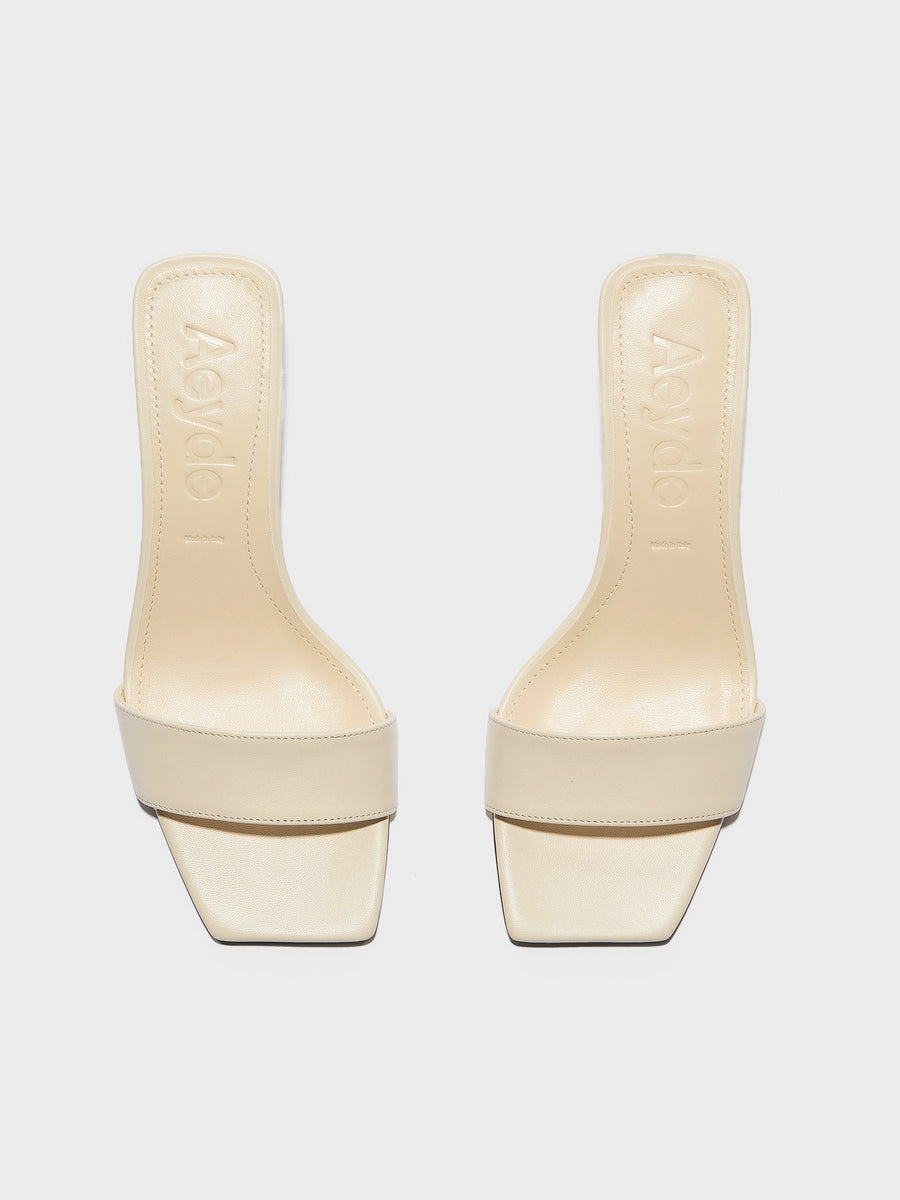 Aeyde | Gilly Leather Heeled Sandals for Women | Creamy Nappa | Square Toe | Mid Heel | Front View