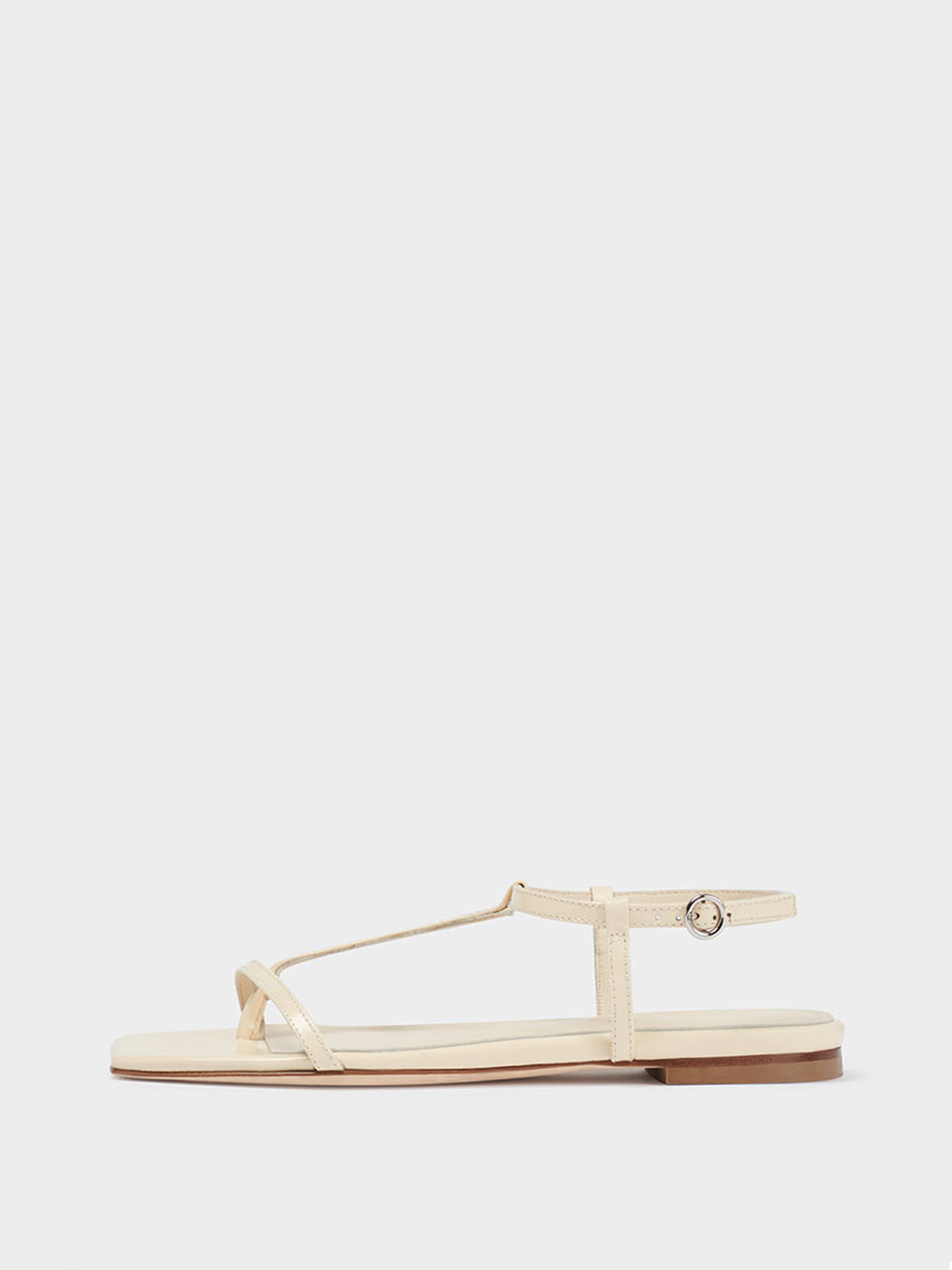 Aeyde | Artis Leather T-Bar Sandals Leather Flat Sandals for Women | Creamy Polido | Square Toe | Flat Heel | Side View