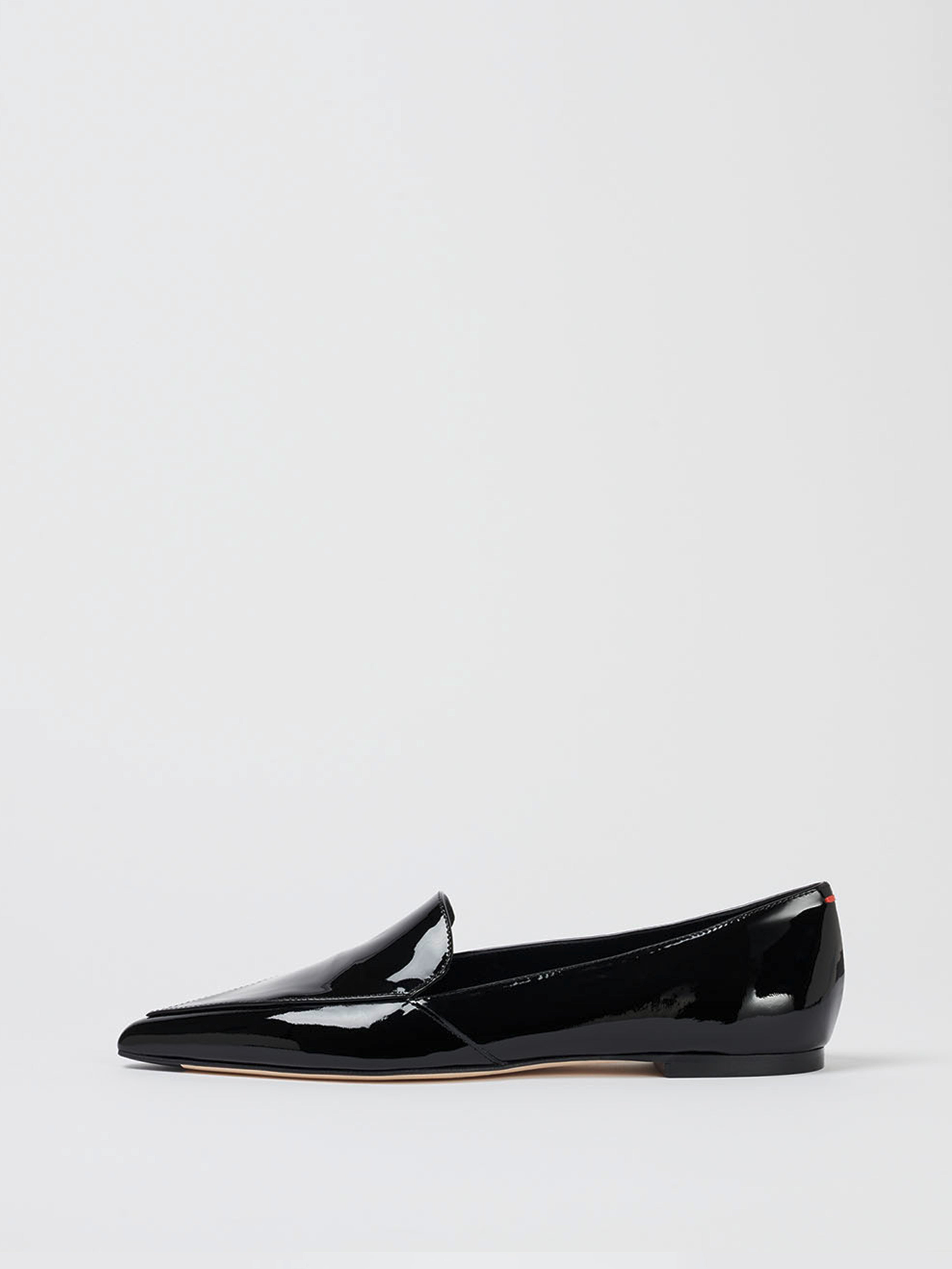 Aeyde | Martha Black Patent Leather Loafers, Flats for Women | Black Patent | Pointed Toe | Flat Heel | Side View