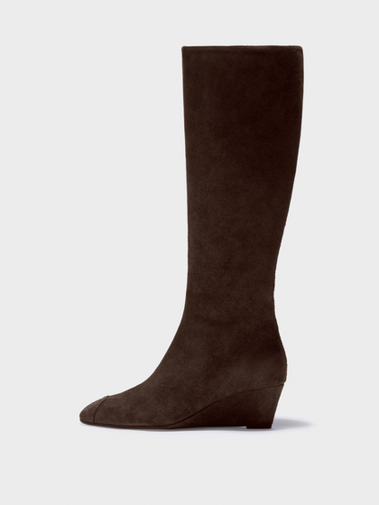 Aeyde | Hana Cap Leather Knee High Boots for Women | Moka Suede | Round Toe | Mid Heel | Side View