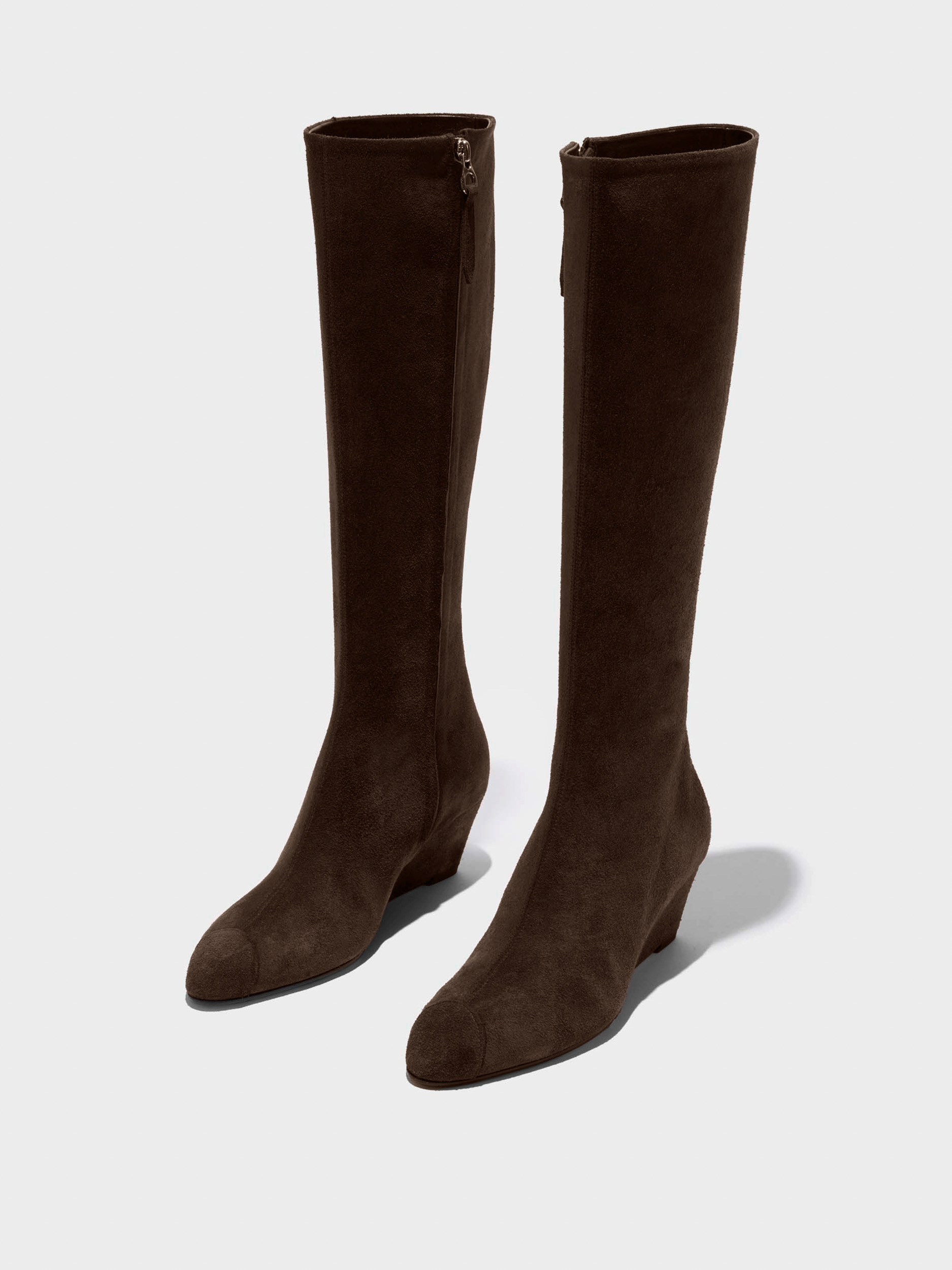 Aeyde | Hana Cap Leather Knee High Boots for Women | Moka Suede | Round Toe | Mid Heel | Luxury Materials | Handmade in Italy