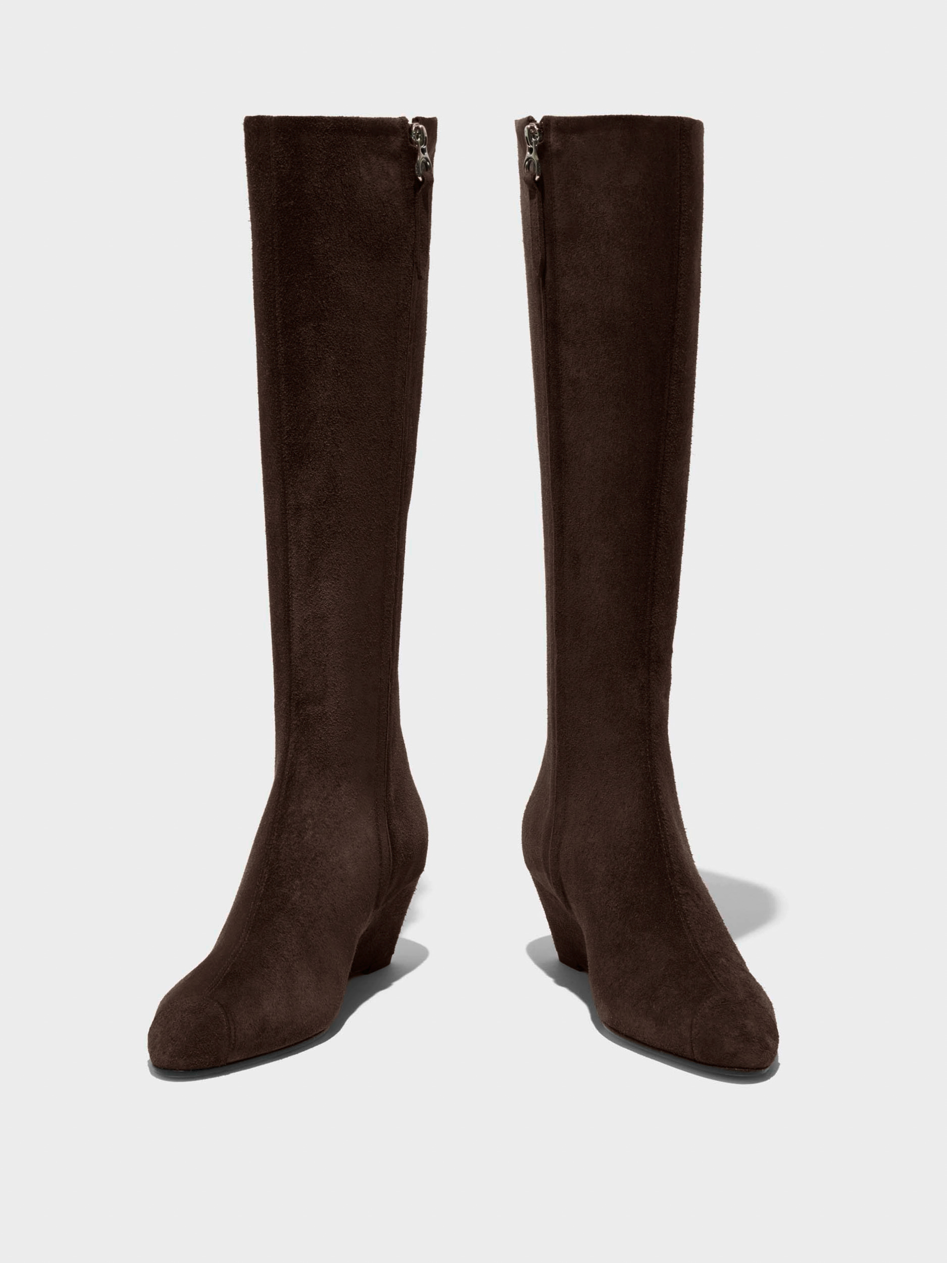 Aeyde | Hana Cap Leather Knee High Boots for Women | Moka Suede | Round Toe | Mid Heel | Heel Details