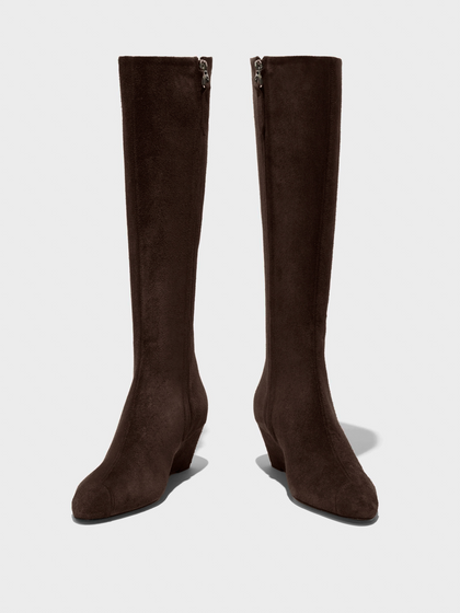 Aeyde | Hana Cap Leather Knee High Boots for Women | Moka Suede | Round Toe | Mid Heel | Heel Details