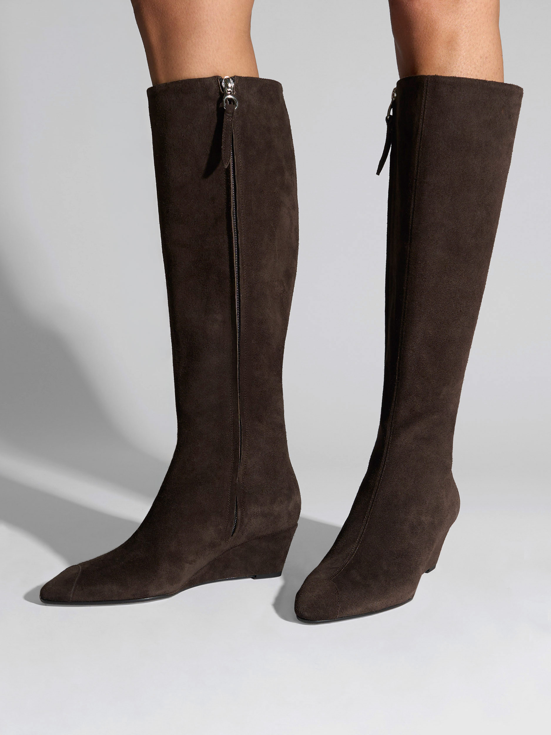 Aeyde | Hana Cap Leather Knee High Boots for Women | Moka Suede | Round Toe | Mid Heel | On Feet