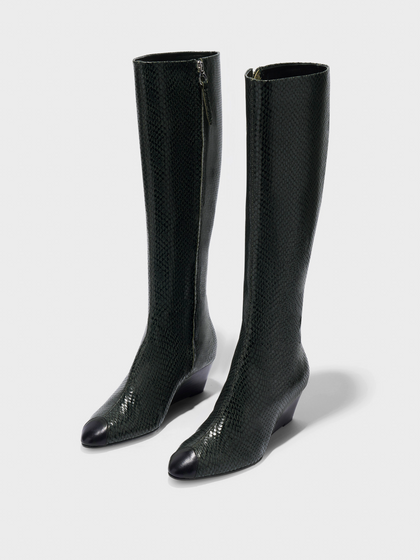 Aeyde | Hana Cap Leather Knee High Boots for Women | Moss/Black Mini Snake/Nappa | Round Toe | Mid Heel | Luxury Materials | Handmade in Italy