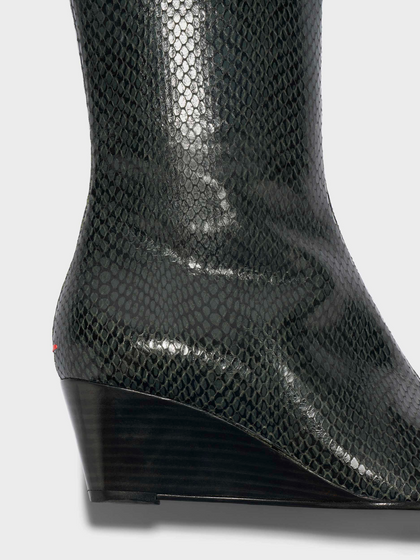 Aeyde | Hana Cap Leather Knee High Boots for Women | Moss/Black Mini Snake/Nappa | Round Toe | Mid Heel | Heel Details