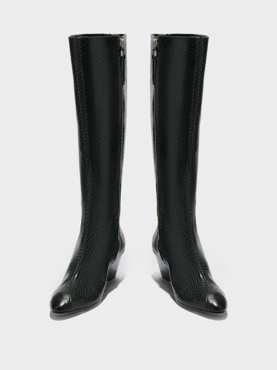 Aeyde | Hana Cap Leather Knee High Boots for Women | Moss/Black Mini Snake/Nappa | Round Toe | Mid Heel | Front View