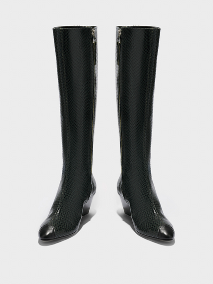 Aeyde | Hana Cap Leather Knee High Boots for Women | Moss/Black Mini Snake/Nappa | Round Toe | Mid Heel | Front View