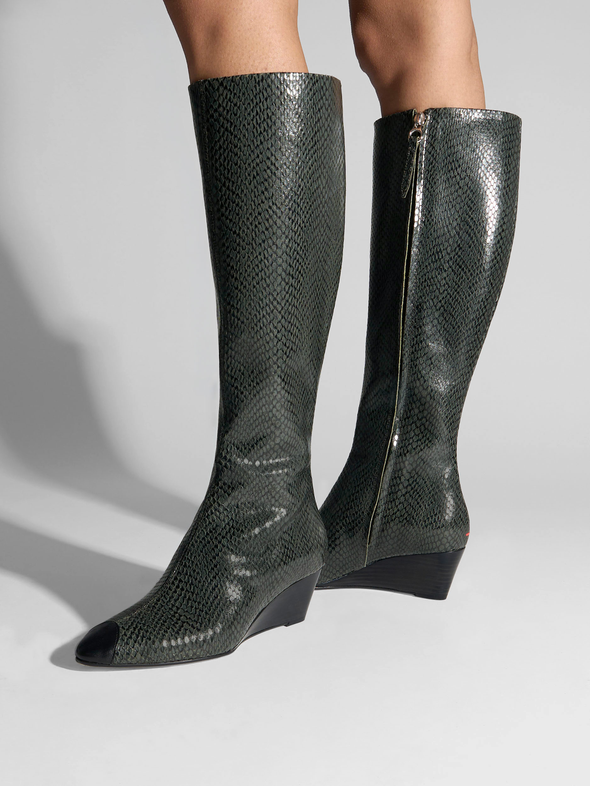 Aeyde | Hana Cap Leather Knee High Boots for Women | Moss/Black Mini Snake/Nappa | Round Toe | Mid Heel | On Feet