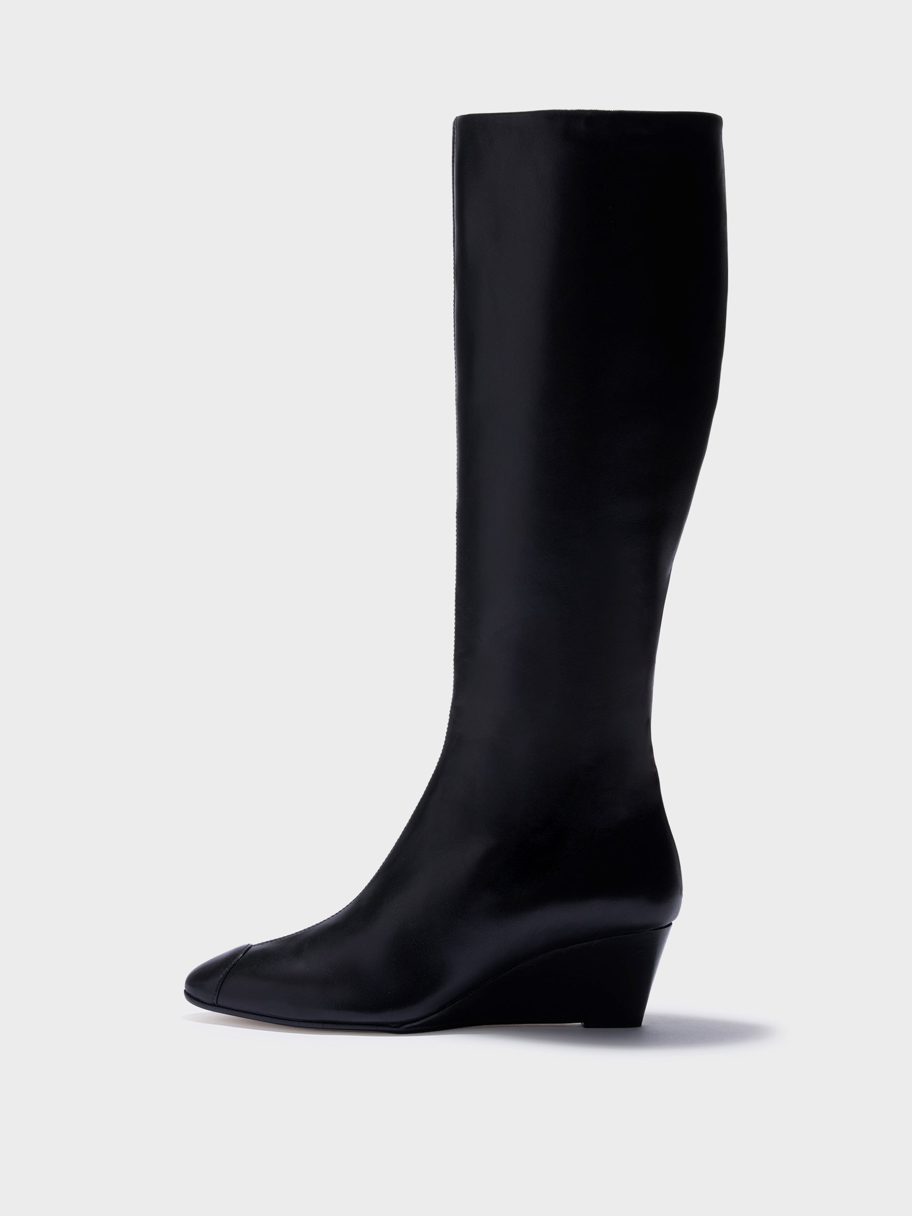 Aeyde | Hana Cap Leather Knee High Boots for Women | Black Nappa | Round Toe | Mid Heel | Side View
