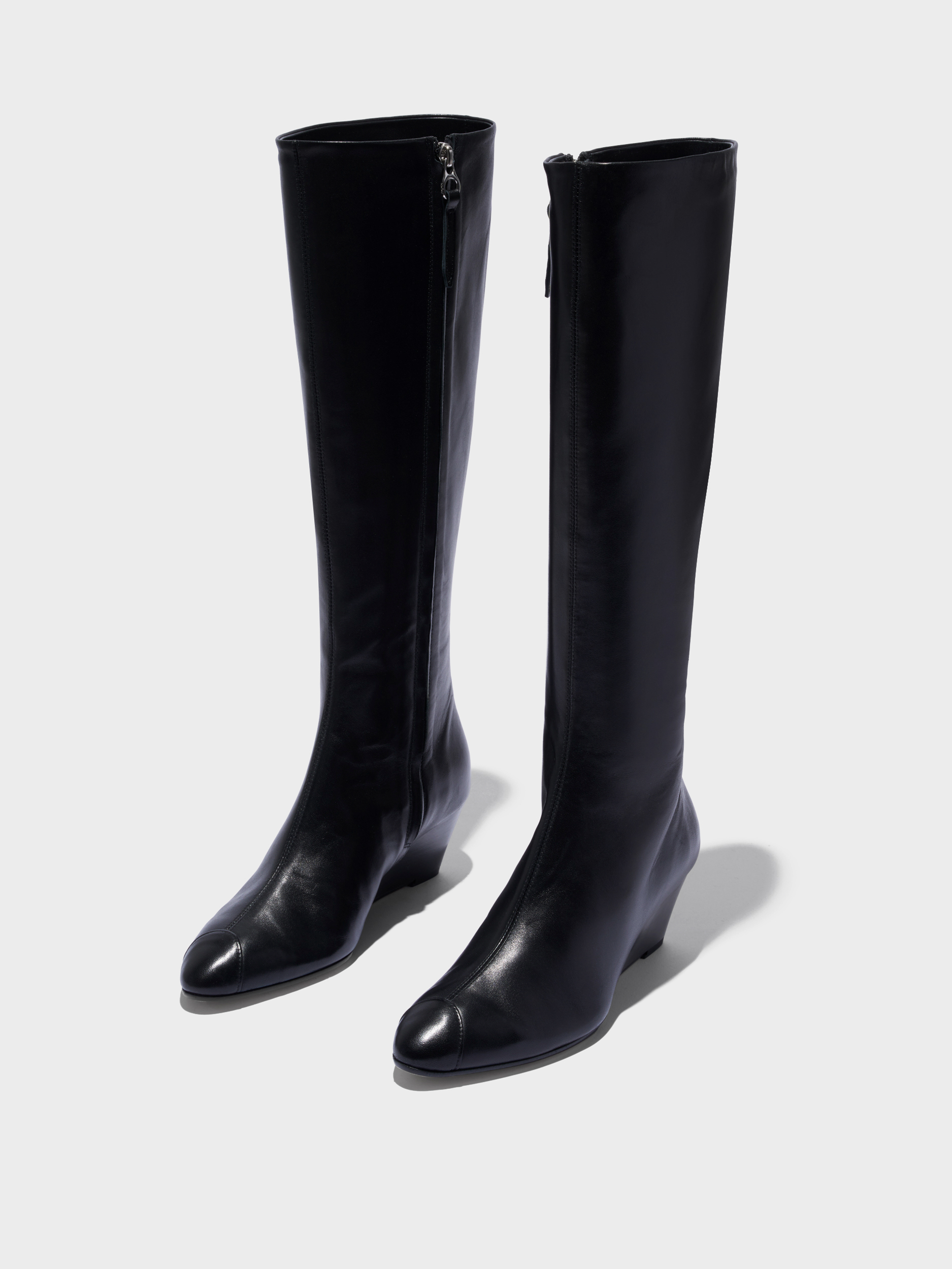 Aeyde | Hana Cap Leather Knee High Boots for Women | Black Nappa | Round Toe | Mid Heel | Luxury Materials | Handmade in Italy