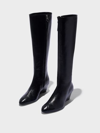 Aeyde | Hana Cap Leather Knee High Boots for Women | Black Nappa | Round Toe | Mid Heel | Luxury Materials | Handmade in Italy