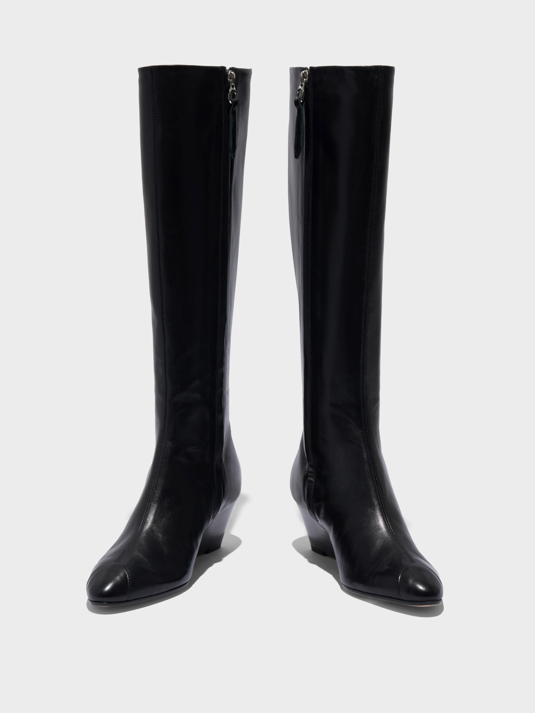 Aeyde | Hana Cap Leather Knee High Boots for Women | Black Nappa | Round Toe | Mid Heel | Heel Details