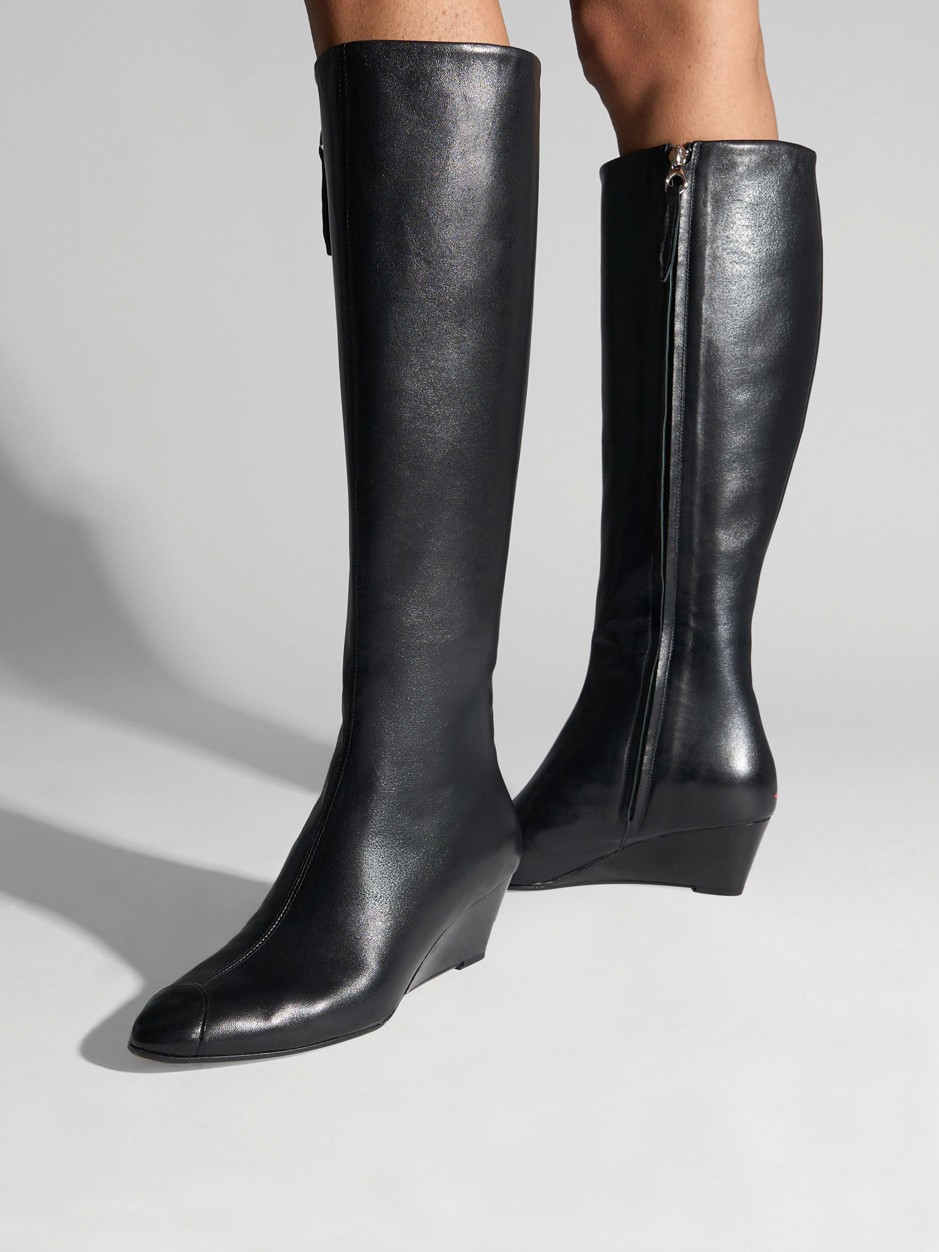 Aeyde | Hana Cap Leather Knee High Boots for Women | Black Nappa | Round Toe | Mid Heel | On Feet