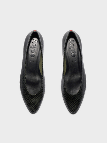 Aeyde | Helia Low-Cut Pumps Leather Pumps for Women | Moss Mini snake | Round Toe | Low Heel | Front View