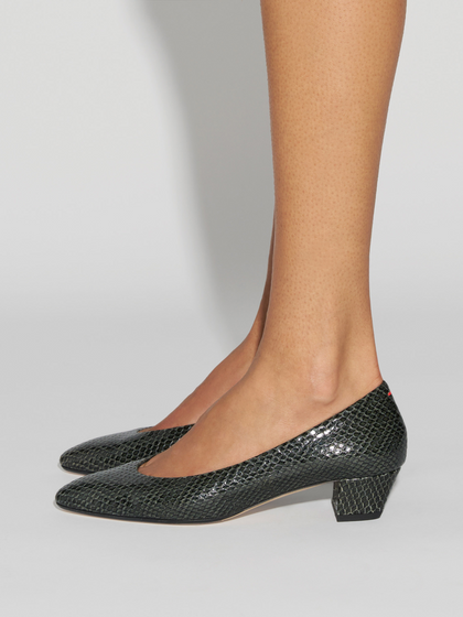 Aeyde | Helia Low-Cut Pumps Leather Pumps for Women | Moss Mini snake | Round Toe | Low Heel | How to Style