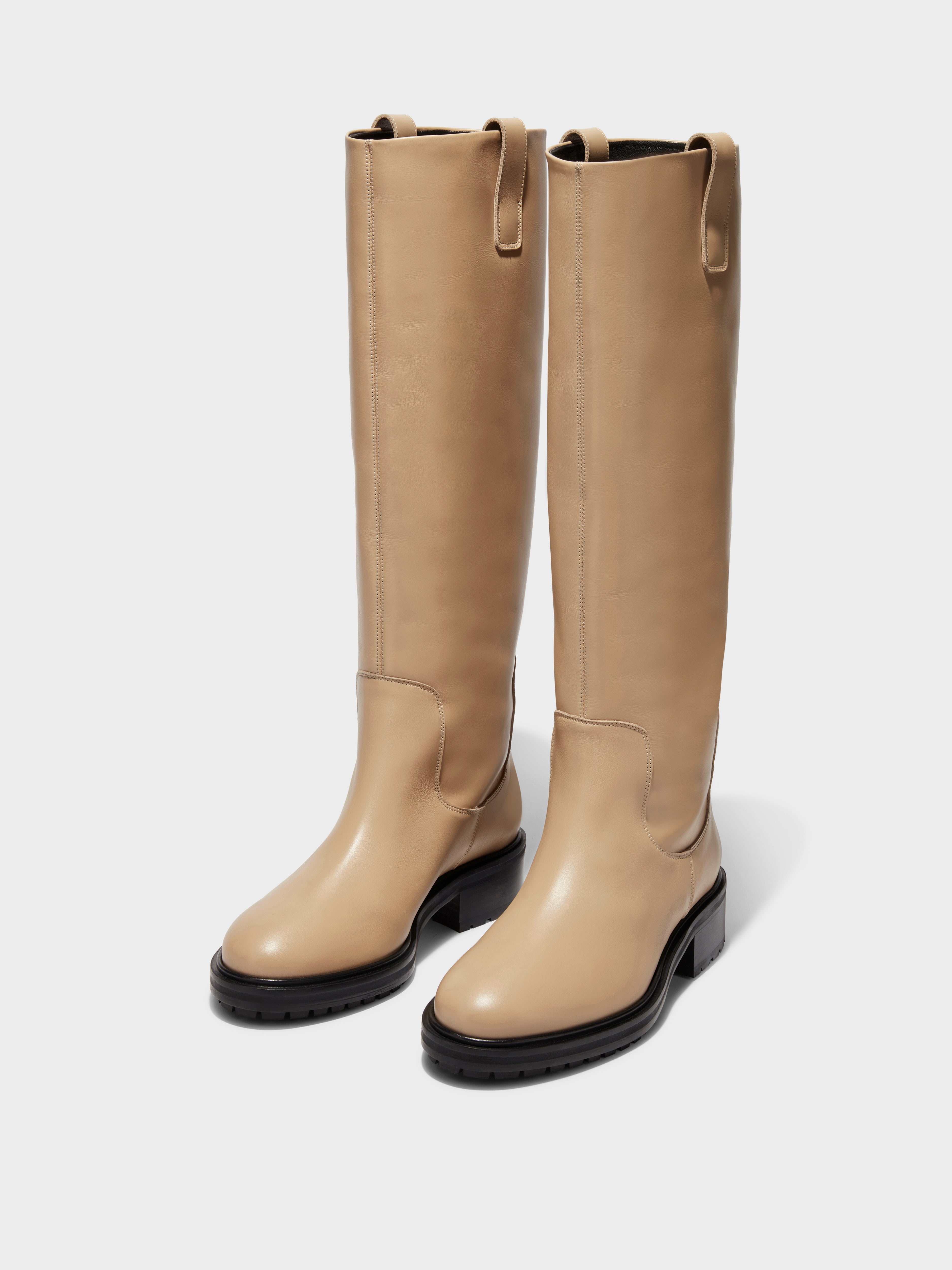 Aeyde | Henry Leather Knee-High Boots Leather Knee High Boots for Women | Latte Calf | Round Toe | Low Heel | On Feet