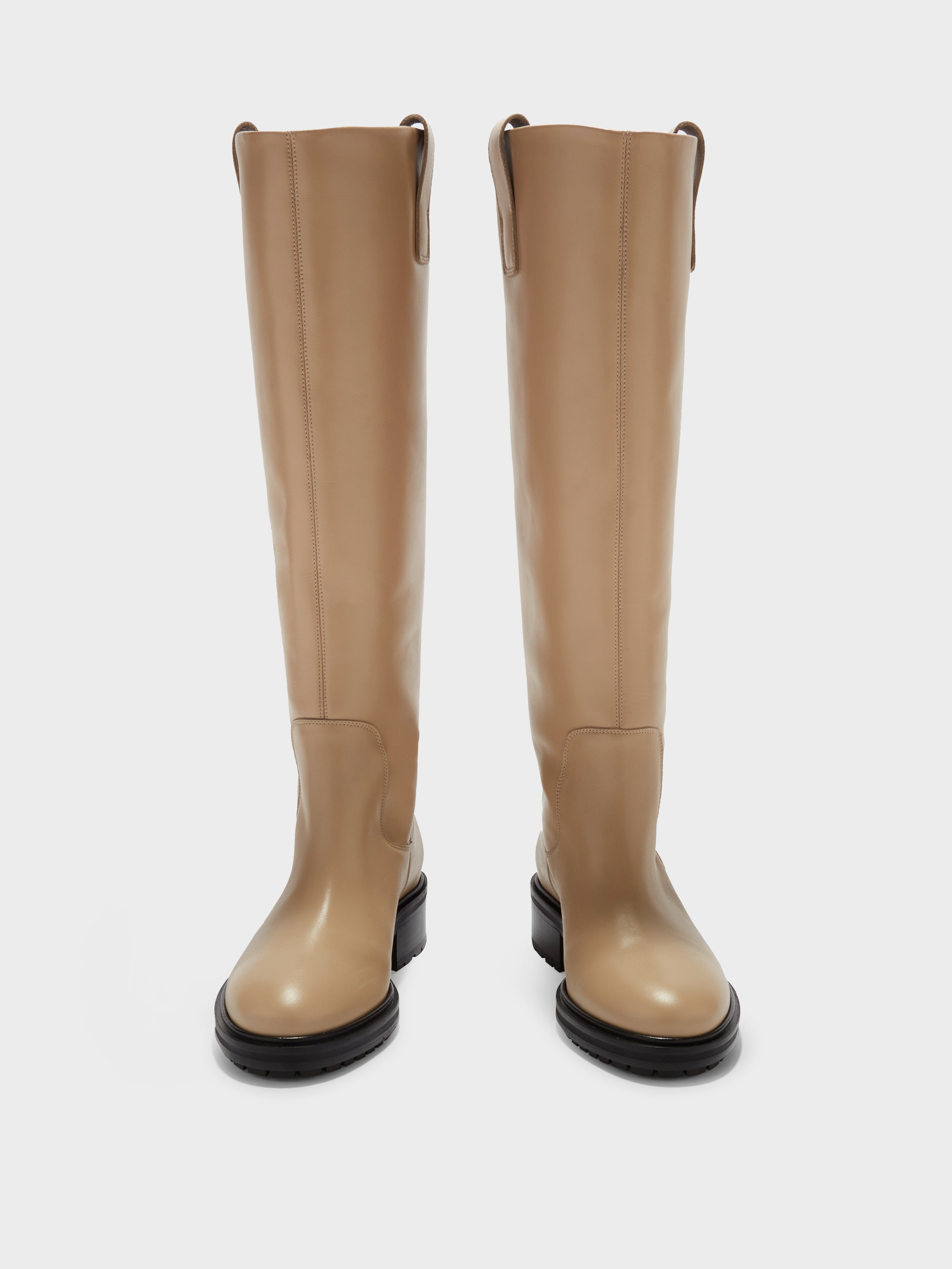 Aeyde | Henry Leather Knee-High Boots Leather Knee High Boots for Women | Latte Calf | Round Toe | Low Heel | Front View