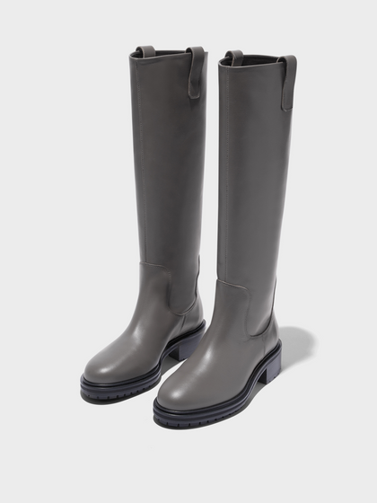Aeyde | Henry Knee-High Boots Leather Knee High Boots for Women | Taupe Calf | Round Toe | Low Heel | Luxury Materials | Handmade in Italy