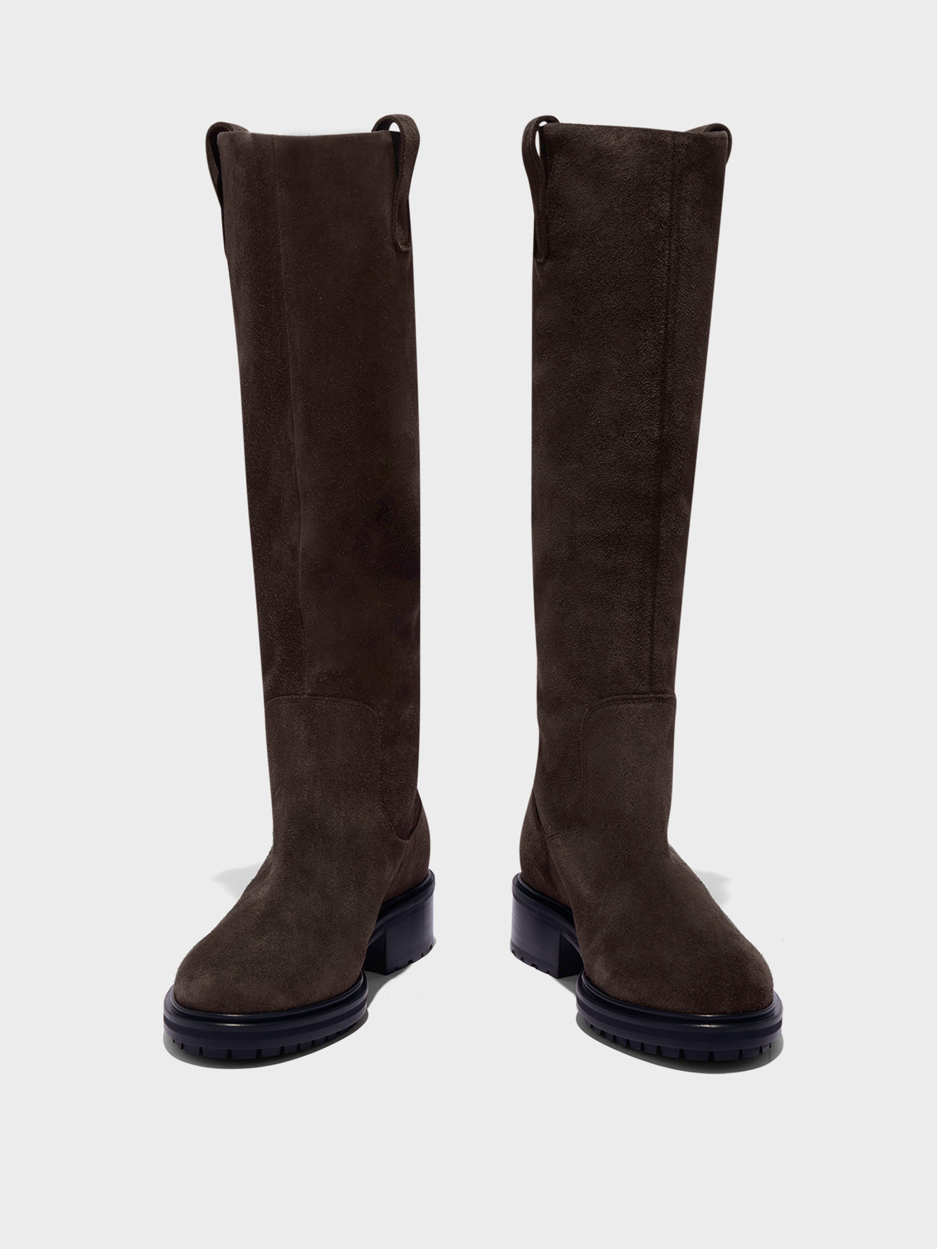 Aeyde | Henry Knee-High Boots Leather Knee High Boots for Women | Moka Suede | Round Toe | Low Heel | Front View